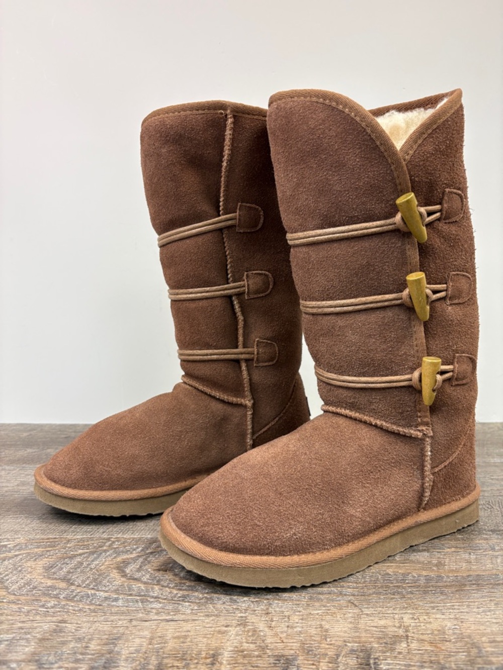 Ukala by EMU Australia Taj High Merino Wool Suede Toggle Boots Brown Size 7